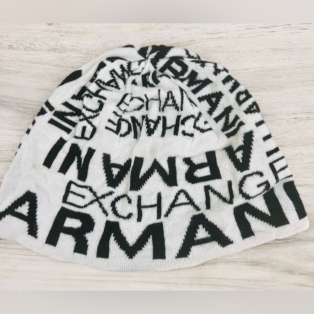 Armani Exchange White and Black Logo Beanie